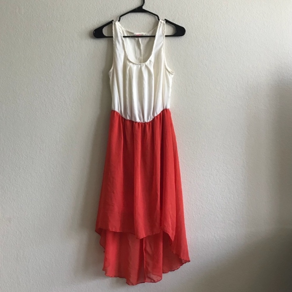 🌿 Cream & Coral High-Low Dress